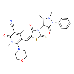 ChemSpider 2D Image | 5-{(E)-[3-(1,5-Dimethyl-3-oxo-2-phenyl-2,3-dihydro-1H-pyrazol-4-yl)-4-oxo-2-thioxo-1,3-thiazolidin-5-ylidene]methyl}-1,4-dimethyl-6-(4-morpholinyl)-2-oxo-1,2-dihydro-3-pyridinecarbonitrile | C27H26N6O4S2