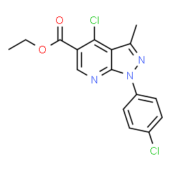 ChemSpider 2D Image | Ethyl 4-chloro-1-(4-chlorophenyl)-3-methyl-1H-pyrazolo[3,4-b]pyridine-5-carboxylate | C16H13Cl2N3O2