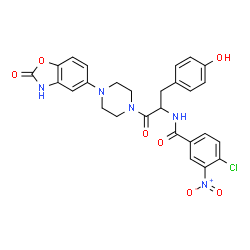 ChemSpider 2D Image | 4-Chloro-N-{3-(4-hydroxyphenyl)-1-oxo-1-[4-(2-oxo-2,3-dihydro-1,3-benzoxazol-5-yl)-1-piperazinyl]-2-propanyl}-3-nitrobenzamide | C27H24ClN5O7