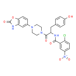 ChemSpider 2D Image | 2-Chloro-N-{3-(4-hydroxyphenyl)-1-oxo-1-[4-(2-oxo-2,3-dihydro-1,3-benzoxazol-5-yl)-1-piperazinyl]-2-propanyl}-5-nitrobenzamide | C27H24ClN5O7