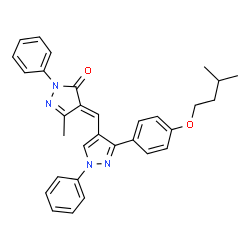 ChemSpider 2D Image | (4E)-5-Methyl-4-({3-[4-(3-methylbutoxy)phenyl]-1-phenyl-1H-pyrazol-4-yl}methylene)-2-phenyl-2,4-dihydro-3H-pyrazol-3-one | C31H30N4O2