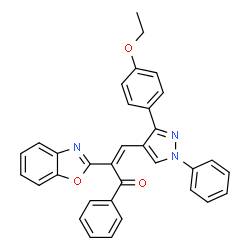 ChemSpider 2D Image | (2Z)-2-(1,3-Benzoxazol-2-yl)-3-[3-(4-ethoxyphenyl)-1-phenyl-1H-pyrazol-4-yl]-1-phenyl-2-propen-1-one | C33H25N3O3