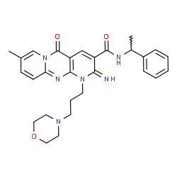 ChemSpider 2D Image | 2-Imino-8-methyl-1-[3-(4-morpholinyl)propyl]-5-oxo-N-(1-phenylethyl)-1,5-dihydro-2H-dipyrido[1,2-a:2',3'-d]pyrimidine-3-carboxamide | C28H32N6O3