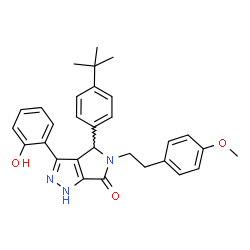 ChemSpider 2D Image | 4-(4-tert-butylphenyl)-3-(2-hydroxyphenyl)-5-[2-(4-methoxyphenyl)ethyl]-4,5-dihydropyrrolo[3,4-c]pyrazol-6(1H)-one | C30H31N3O3