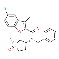 ChemSpider 2D Image | 5-Chloro-N-(1,1-dioxidotetrahydro-3-thiophenyl)-N-(2-fluorobenzyl)-3-methyl-1-benzofuran-2-carboxamide | C21H19ClFNO4S
