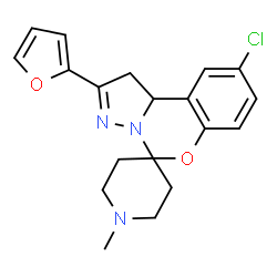 ChemSpider 2D Image | 9'-Chloro-2'-(2-furyl)-1-methyl-1',10b'-dihydrospiro[piperidine-4,5'-pyrazolo[1,5-c][1,3]benzoxazine] | C19H20ClN3O2