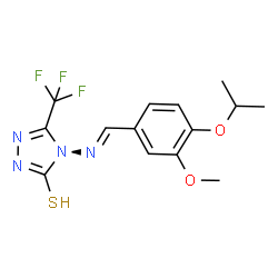 ChemSpider 2D Image | 4-{[(E)-(4-Isopropoxy-3-methoxyphenyl)methylene]amino}-5-(trifluoromethyl)-4H-1,2,4-triazole-3-thiol | C14H15F3N4O2S