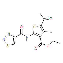ChemSpider 2D Image | Ethyl 5-acetyl-4-methyl-2-[(1,2,3-thiadiazol-4-ylcarbonyl)amino]-3-thiophenecarboxylate | C13H13N3O4S2