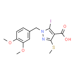 ChemSpider 2D Image | 1-(3,4-Dimethoxybenzyl)-5-iodo-3-(methylsulfanyl)-1H-pyrazole-4-carboxylic acid | C14H15IN2O4S