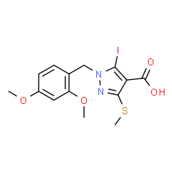 ChemSpider 2D Image | 1-(2,4-Dimethoxybenzyl)-5-iodo-3-(methylsulfanyl)-1H-pyrazole-4-carboxylic acid | C14H15IN2O4S
