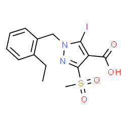 ChemSpider 2D Image | 1-(2-Ethylbenzyl)-5-iodo-3-(methylsulfonyl)-1H-pyrazole-4-carboxylic acid | C14H15IN2O4S