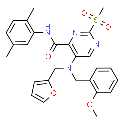 ChemSpider 2D Image | N-(2,5-Dimethylphenyl)-5-[(2-furylmethyl)(2-methoxybenzyl)amino]-2-(methylsulfonyl)-4-pyrimidinecarboxamide | C27H28N4O5S