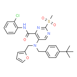 ChemSpider 2D Image | 5-[(4-tert-Butylbenzyl)(2-furylmethyl)amino]-N-(2-chlorophenyl)-2-(methylsulfonyl)pyrimidine-4-carboxamide | C28H29ClN4O4S