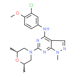 ChemSpider 2D Image | N-(3-chloro-4-methoxyphenyl)-6-(2,6-dimethylmorpholin-4-yl)-1-methyl-1H-pyrazolo[3,4-d]pyrimidin-4-amine | C19H23ClN6O2