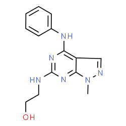 ChemSpider 2D Image | 2-[(4-Anilino-1-methyl-1H-pyrazolo[3,4-d]pyrimidin-6-yl)amino]ethanol | C14H16N6O