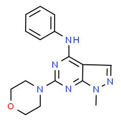 ChemSpider 2D Image | 1-methyl-6-(morpholin-4-yl)-N-phenylpyrazolo[3,4-d]pyrimidin-4-amine | C16H18N6O