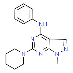 ChemSpider 2D Image | 1-methyl-N-phenyl-6-(piperidin-1-yl)pyrazolo[3,4-d]pyrimidin-4-amine | C17H20N6