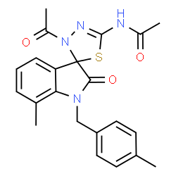 ChemSpider 2D Image | N-[3'-Acetyl-7-methyl-1-(4-methylbenzyl)-2-oxo-1,2-dihydro-3'H-spiro[indole-3,2'-[1,3,4]thiadiazol]-5'-yl]acetamide | C22H22N4O3S