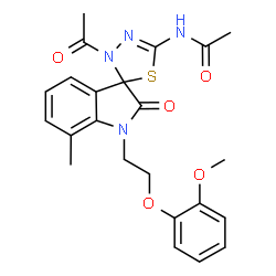 ChemSpider 2D Image | N-{3'-Acetyl-1-[2-(2-methoxyphenoxy)ethyl]-7-methyl-2-oxo-1,2-dihydro-3'H-spiro[indole-3,2'-[1,3,4]thiadiazol]-5'-yl}acetamide | C23H24N4O5S