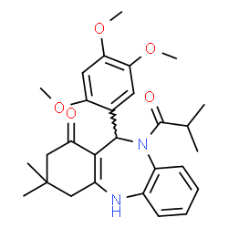 ChemSpider 2D Image | 10-Isobutyryl-3,3-dimethyl-11-(2,4,5-trimethoxyphenyl)-2,3,4,5,10,11-hexahydro-1H-dibenzo[b,e][1,4]diazepin-1-one | C28H34N2O5