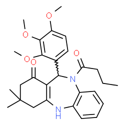 ChemSpider 2D Image | 10-Butyryl-3,3-dimethyl-11-(2,3,4-trimethoxyphenyl)-2,3,4,5,10,11-hexahydro-1H-dibenzo[b,e][1,4]diazepin-1-one | C28H34N2O5