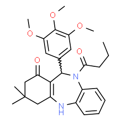 ChemSpider 2D Image | 10-Butyryl-3,3-dimethyl-11-(3,4,5-trimethoxyphenyl)-2,3,4,5,10,11-hexahydro-1H-dibenzo[b,e][1,4]diazepin-1-one | C28H34N2O5