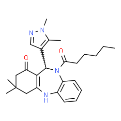 ChemSpider 2D Image | 11-(1,5-Dimethyl-1H-pyrazol-4-yl)-10-hexanoyl-3,3-dimethyl-2,3,4,5,10,11-hexahydro-1H-dibenzo[b,e][1,4]diazepin-1-one | C26H34N4O2