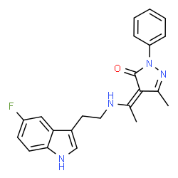 ChemSpider 2D Image | (4Z)-4-(1-{[2-(5-Fluoro-1H-indol-3-yl)ethyl]amino}ethylidene)-5-methyl-2-phenyl-2,4-dihydro-3H-pyrazol-3-one | C22H21FN4O