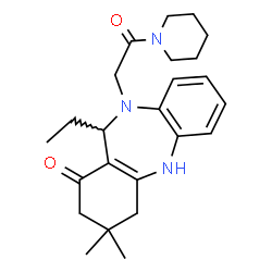 ChemSpider 2D Image | 11-Ethyl-3,3-dimethyl-10-[2-oxo-2-(1-piperidinyl)ethyl]-2,3,4,5,10,11-hexahydro-1H-dibenzo[b,e][1,4]diazepin-1-one | C24H33N3O2
