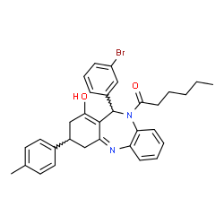 ChemSpider 2D Image | 1-[11-(3-Bromophenyl)-1-hydroxy-3-(4-methylphenyl)-2,3,4,11-tetrahydro-10H-dibenzo[b,e][1,4]diazepin-10-yl]-1-hexanone | C32H33BrN2O2