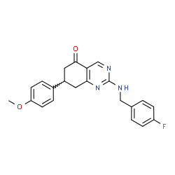 ChemSpider 2D Image | 2-[(4-Fluorobenzyl)amino]-7-(4-methoxyphenyl)-7,8-dihydro-5(6H)-quinazolinone | C22H20FN3O2