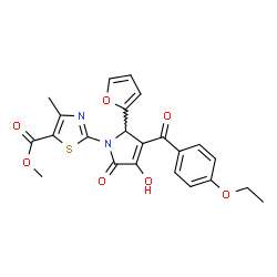 ChemSpider 2D Image | Methyl 2-[3-(4-ethoxybenzoyl)-2-(2-furyl)-4-hydroxy-5-oxo-2,5-dihydro-1H-pyrrol-1-yl]-4-methyl-1,3-thiazole-5-carboxylate | C23H20N2O7S