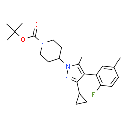 ChemSpider 2D Image | 2-Methyl-2-propanyl 4-[3-cyclopropyl-4-(2-fluoro-5-methylphenyl)-5-iodo-1H-pyrazol-1-yl]-1-piperidinecarboxylate | C23H29FIN3O2
