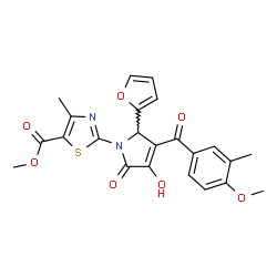 ChemSpider 2D Image | Methyl 2-[2-(2-furyl)-4-hydroxy-3-(4-methoxy-3-methylbenzoyl)-5-oxo-2,5-dihydro-1H-pyrrol-1-yl]-4-methyl-1,3-thiazole-5-carboxylate | C23H20N2O7S