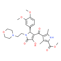 ChemSpider 2D Image | Methyl 4-({2-(3,4-dimethoxyphenyl)-4-hydroxy-1-[2-(4-morpholinyl)ethyl]-5-oxo-2,5-dihydro-1H-pyrrol-3-yl}carbonyl)-3,5-dimethyl-1H-pyrrole-2-carboxylate | C27H33N3O8