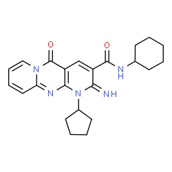 ChemSpider 2D Image | N-Cyclohexyl-1-cyclopentyl-2-imino-5-oxo-1,5-dihydro-2H-dipyrido[1,2-a:2',3'-d]pyrimidine-3-carboxamide | C23H27N5O2