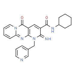 ChemSpider 2D Image | N-Cyclohexyl-2-imino-5-oxo-1-(3-pyridinylmethyl)-1,5-dihydro-2H-dipyrido[1,2-a:2',3'-d]pyrimidine-3-carboxamide | C24H24N6O2