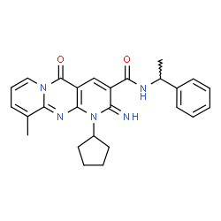 ChemSpider 2D Image | 1-Cyclopentyl-2-imino-10-methyl-5-oxo-N-(1-phenylethyl)-1,5-dihydro-2H-dipyrido[1,2-a:2',3'-d]pyrimidine-3-carboxamide | C26H27N5O2