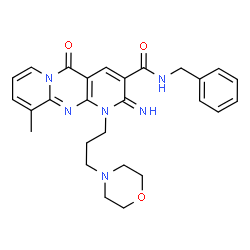 ChemSpider 2D Image | N-benzyl-2-imino-10-methyl-1-(3-morpholin-4-ylpropyl)-5-oxo-1,5-dihydro-2H-dipyrido[1,2-a:2',3'-d]pyrimidine-3-carboxamide | C27H30N6O3