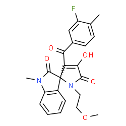 ChemSpider 2D Image | 3'-(3-Fluoro-4-methylbenzoyl)-4'-hydroxy-1'-(2-methoxyethyl)-1-methylspiro[indole-3,2'-pyrrole]-2,5'(1H,1'H)-dione | C23H21FN2O5