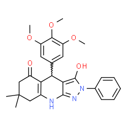 ChemSpider 2D Image | 3-Hydroxy-7,7-dimethyl-2-phenyl-4-(3,4,5-trimethoxyphenyl)-1,2,4,6,7,8-hexahydro-5H-pyrazolo[3,4-b]quinolin-5-one | C27H29N3O5