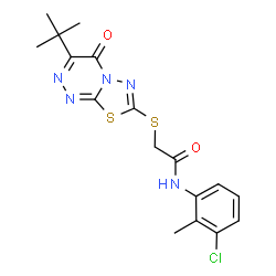 ChemSpider 2D Image | 2-[(3-tert-Butyl-4-oxo-4H-[1,3,4]thiadiazolo[2,3-c][1,2,4]triazin-7-yl)sulfanyl]-N-(3-chloro-2-methylphenyl)acetamide | C17H18ClN5O2S2
