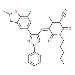 ChemSpider 2D Image | (5Z)-5-{[3-(2,7-Dimethyl-2,3-dihydro-1-benzofuran-5-yl)-1-phenyl-1H-pyrazol-4-yl]methylene}-4-methyl-2,6-dioxo-1-pentyl-1,2,5,6-tetrahydro-3-pyridinecarbonitrile | C32H32N4O3
