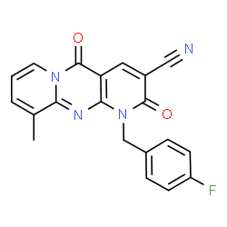 ChemSpider 2D Image | 1-(4-Fluorobenzyl)-10-methyl-2,5-dioxo-1,5-dihydro-2H-dipyrido[1,2-a:2',3'-d]pyrimidine-3-carbonitrile | C20H13FN4O2