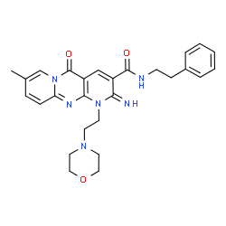 ChemSpider 2D Image | 2-Imino-8-methyl-1-[2-(4-morpholinyl)ethyl]-5-oxo-N-(2-phenylethyl)-1,5-dihydro-2H-dipyrido[1,2-a:2',3'-d]pyrimidine-3-carboxamide | C27H30N6O3
