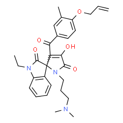 ChemSpider 2D Image | 3'-[4-(Allyloxy)-3-methylbenzoyl]-1'-[3-(dimethylamino)propyl]-1-ethyl-4'-hydroxyspiro[indole-3,2'-pyrrole]-2,5'(1H,1'H)-dione | C29H33N3O5