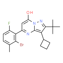 ChemSpider 2D Image | 5-(2-Bromo-6-fluoro-3-methylphenyl)-3-cyclobutyl-2-(2-methyl-2-propanyl)pyrazolo[1,5-a]pyrimidin-7-ol | C21H23BrFN3O
