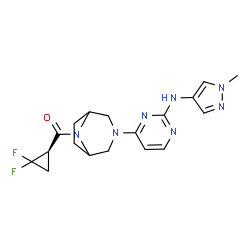 ChemSpider 2D Image | [(1R)-2,2-Difluorocyclopropyl](3-{2-[(1-methyl-1H-pyrazol-4-yl)amino]-4-pyrimidinyl}-3,8-diazabicyclo[3.2.1]oct-8-yl)methanone | C18H21F2N7O