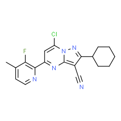 ChemSpider 2D Image | 7-Chloro-2-cyclohexyl-5-(3-fluoro-4-methyl-2-pyridinyl)pyrazolo[1,5-a]pyrimidine-3-carbonitrile | C19H17ClFN5
