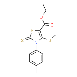 ChemSpider 2D Image | Ethyl 3-(4-methylphenyl)-4-(methylsulfanyl)-2-thioxo-2,3-dihydro-1,3-thiazole-5-carboxylate | C14H15NO2S3